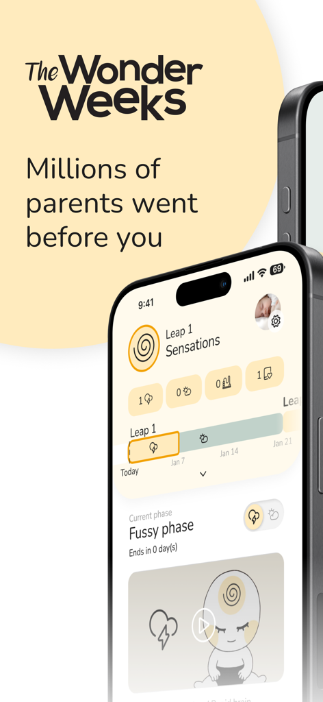 The Wonder Weeks app interface displaying baby developmental leap tracking and fussy phase schedule