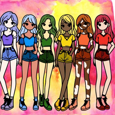 a group of girls wearing crop tops and shorts