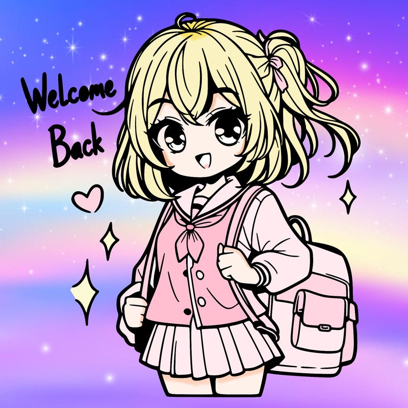 cute manga girl going to school and saying welcome back