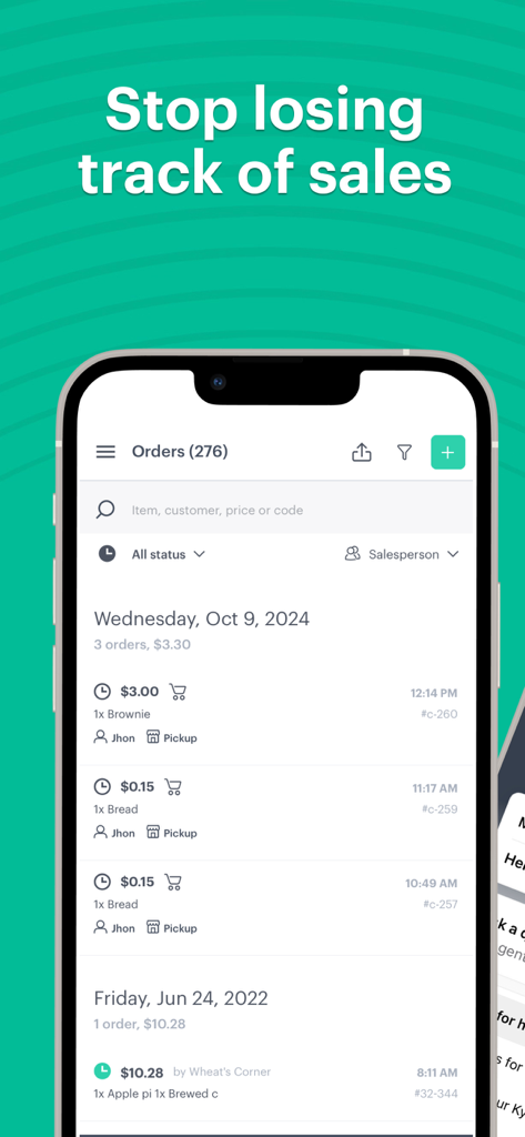 Kyte: POS, Inventory and Store - Mobile screen of the Kyte app displaying a detailed list of sales and customer orders