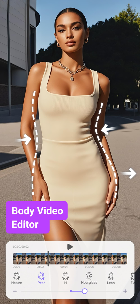 PrettyUp App-Oberfläche, die KI-Video-Body-Editing-Funktionen zur Umformung und Verschmälerung einer Figur in einem Video zeigt