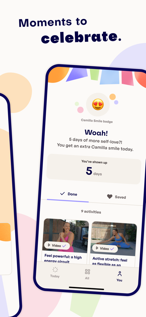 Mila by Camilla Lorentzen - Mila app screenshot showing a 5-day self-love streak badge and recent workout activities.