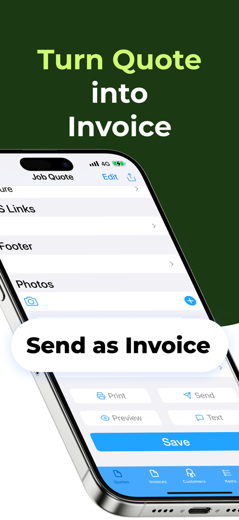iPhone screenshot of the Job Quote Maker app highlighting the feature to turn a quote into an invoice with a Send as Invoice button