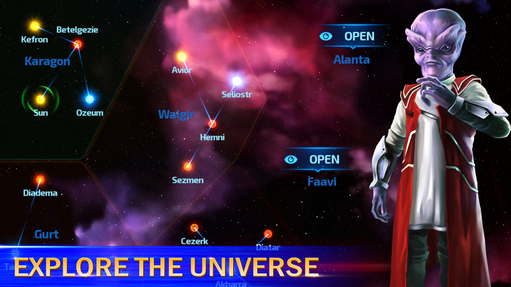 Space Rangers: Legacy - スペースレンジャー レガシーの星図インターフェース、エイリアンのキャラクターと「宇宙を探索」というテキストが表示されている。