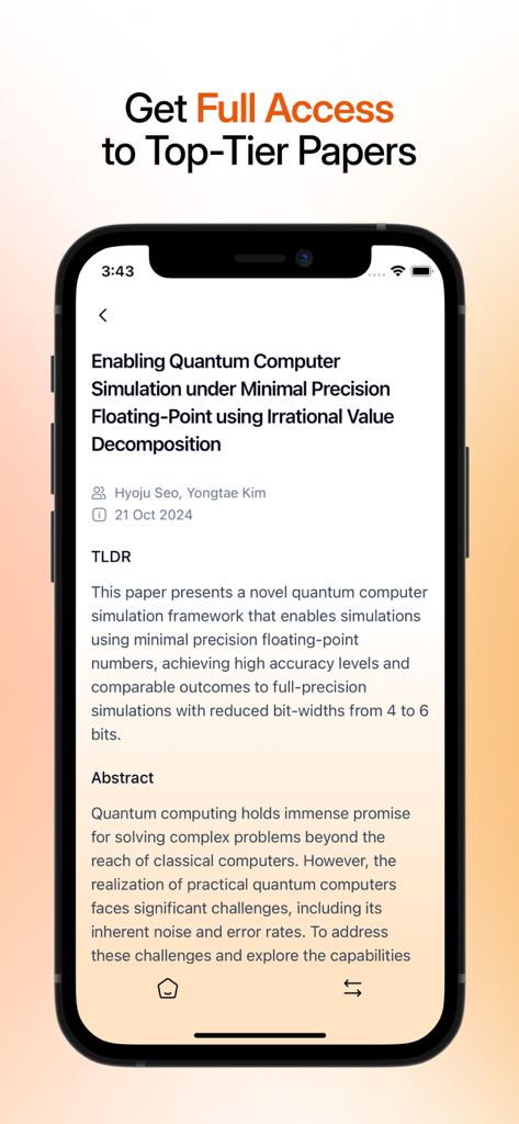 Visualização móvel do aplicativo SciSpace mostrando o título de um artigo de pesquisa e seu resumo TLDR gerado por IA