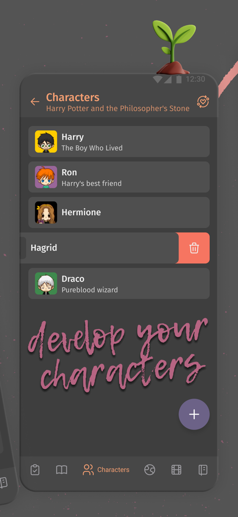 Fabula. Story Planner - Interface of the Fabula Story Planner app displaying a list of novel characters with a pink text overlay saying develop your characters.