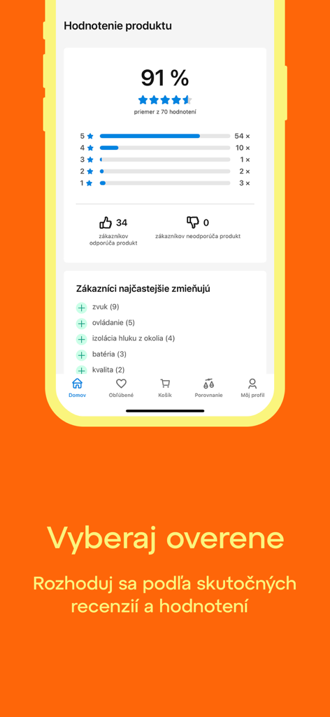 Écran mobile montrant les évaluations des produits Heureka et un résumé des avis des clients vérifiés
