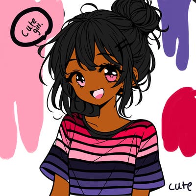 anime girl teenager striped shirt and smile and messy bun