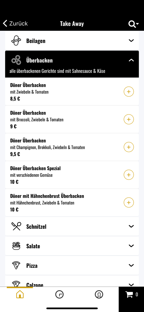 Cava - Interfaz del menú de la aplicación móvil Cava mostrando una lista de platos de döner horneado con precios e ingredientes para pedidos para llevar