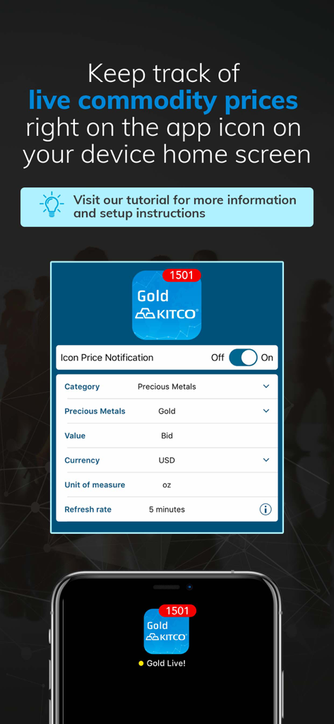 Kitco Gold Live app displaying live commodity prices on the home screen icon badge