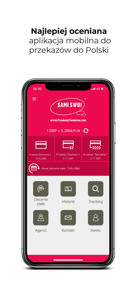 Startbildschirm der Sami Swoi Mobile App mit Anzeige des GBP-zu-PLN-Wechselkurses und Geldtransferoptionen auf Polnisch.