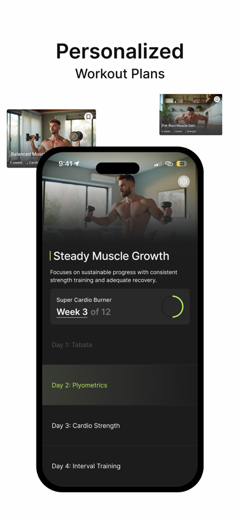 Interface de l'application Endomondo montrant des plans d'entraînement à domicile personnalisés pour une croissance musculaire régulière