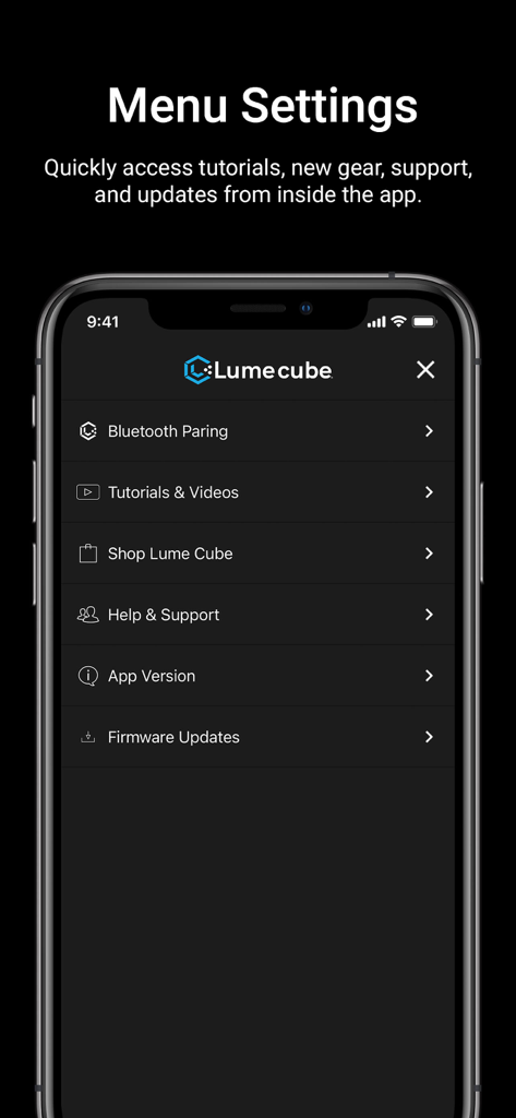 Lumecube - Pantalla del menú de la aplicación móvil Lume Cube que muestra opciones para tutoriales de emparejamiento de Bluetooth, tienda y actualizaciones de firmware