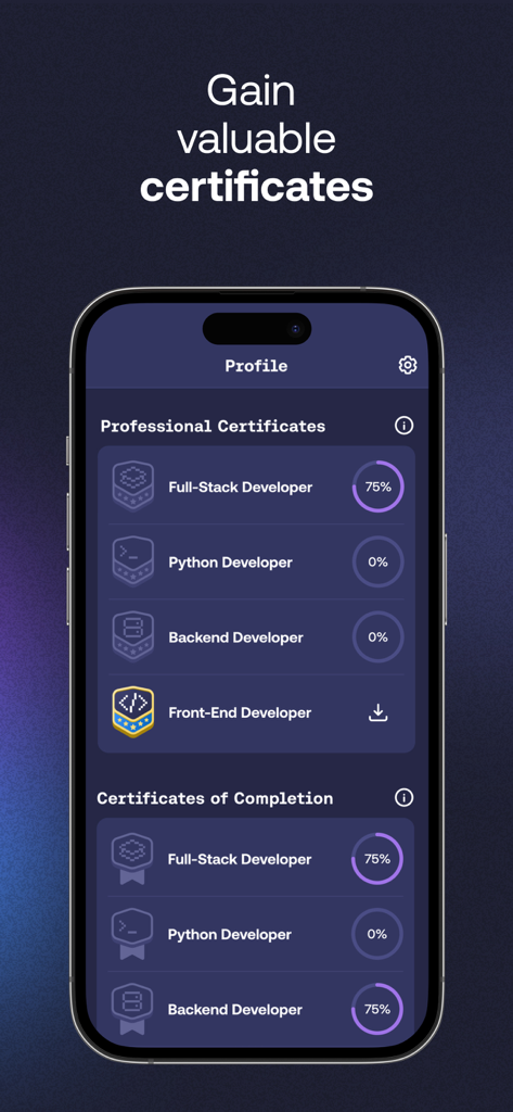 Mimo app profile screen displaying professional coding certificates for full-stack, python, backend, and front-end development paths