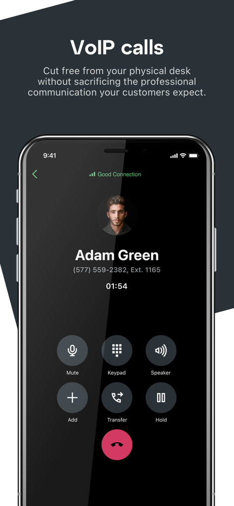 Interface de l'application GoTo affichant un appel professionnel VoIP actif sur un iPhone