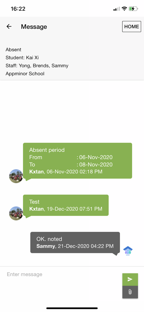 School2me - School2me app messaging screen showing an absence report conversation between a parent and staff