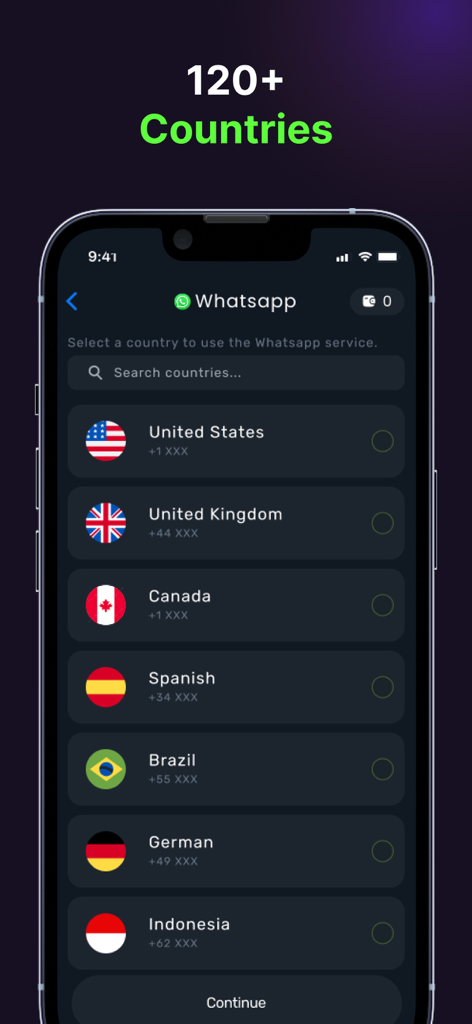 Pantalla de la app SmsCode mostrando una lista de más de 120 países para números de teléfono virtuales