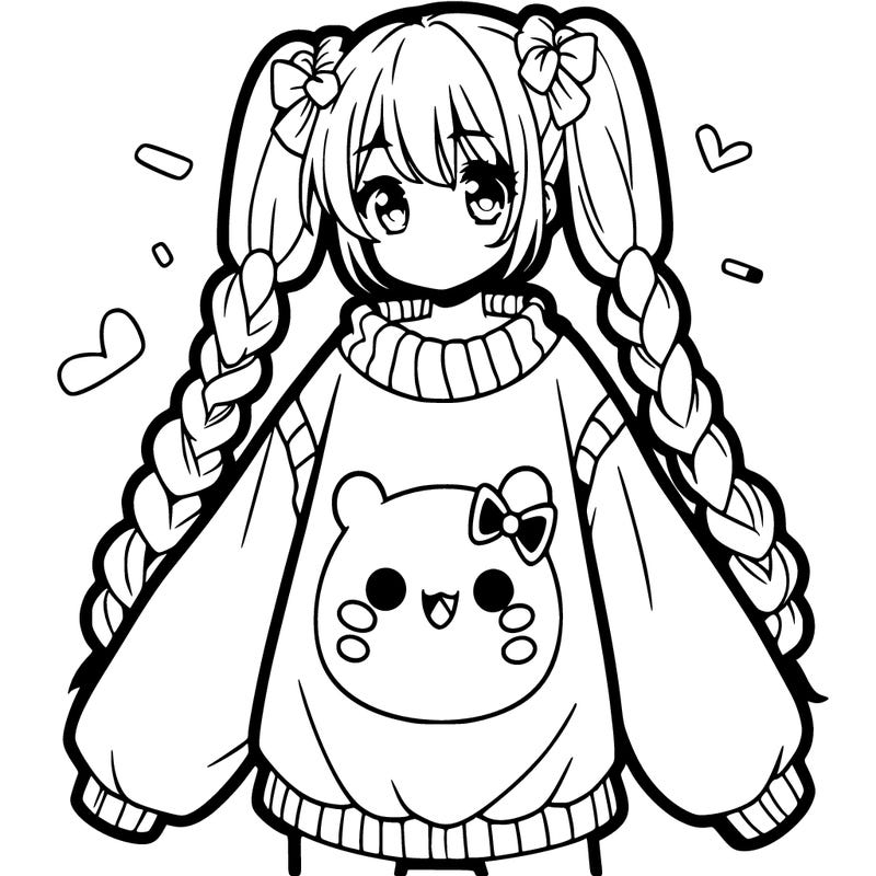 anime girl with two big braids in front and one big braid in the back and in an really oversized sweater with dango on it