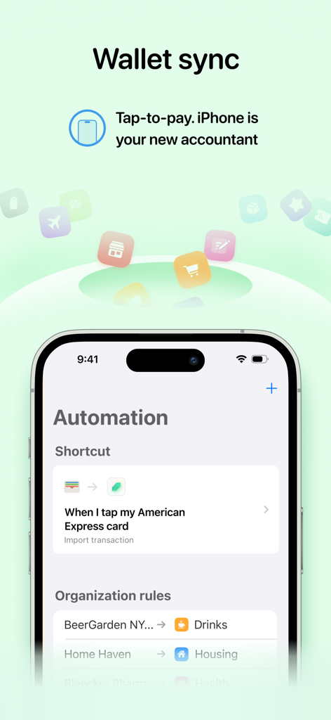 Gem - Money tracker - Screenshot of Gem app displaying wallet sync and automation rules for tracking expenses