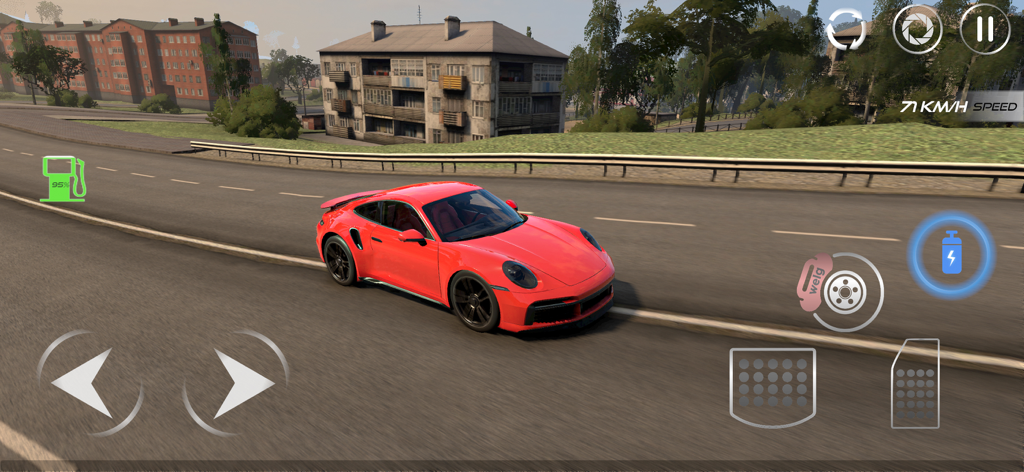 wDrive Roads: Russia - Un coche deportivo rojo conduciendo por una carretera con edificios de Europa del Este al fondo en el juego wDrive Roads Russia.