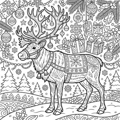 Celebrate the magic of the holiday season with this exquisite Christmas Caribou coloring page. Featuring a magnificent reindeer surrounded by intricate festive decorations, it's perfect for all ages to enjoy.