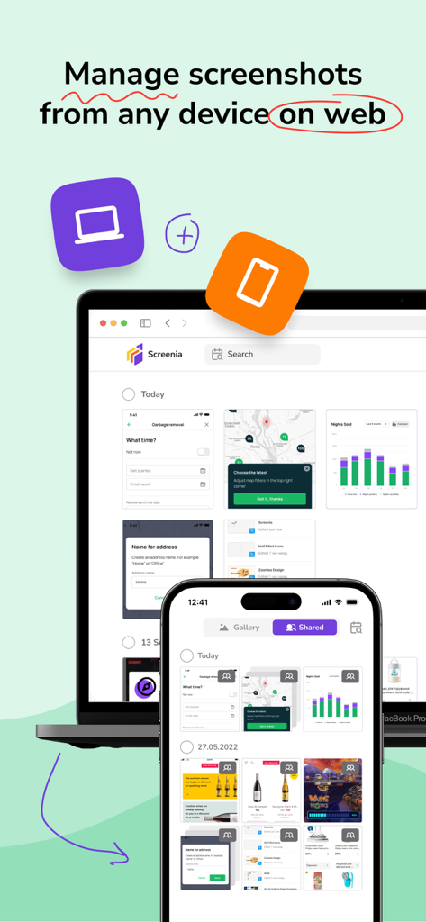 Screenia app interface showing screenshot management synchronized across a laptop and a mobile phone