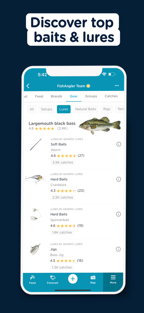 FishAngler - Fish Finder App - FishAngler app screen showing top-rated baits and lures for largemouth black bass based on user catch data.