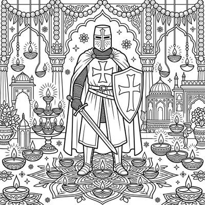 Unite history and festivity with this unique coloring page! A valiant Knight Templar stands guard amidst the beautiful lights and patterns of a Diwali celebration, ready for your creative touch.