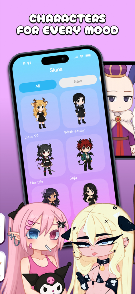 Gacha Star Lab - Mods & Skins - 캐릭터 사용자 지정을 위한 다양한 캐릭터 스킨과 모드를 보여주는 Gacha Star Lab 앱 인터페이스