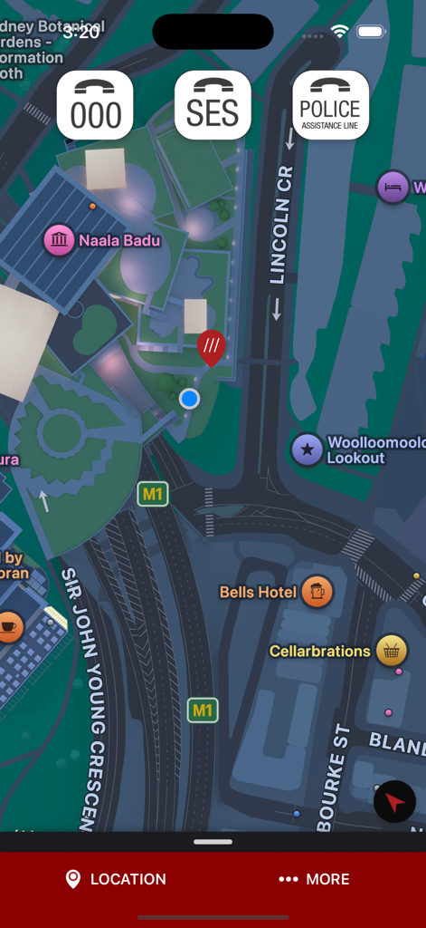 Emergency Plus - Emergency Plus app map screen with 000 SES and Police Assistance buttons