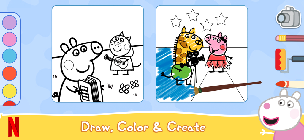 Interfaz de dibujo y coloreado digital en la aplicación World of Peppa Pig de Netflix con varios personajes y herramientas de arte.