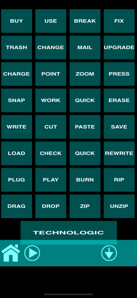 Interface of the iDaft Jamming app showing the Technologic song soundboard with word buttons