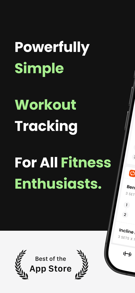 FitHero - Fitness Gym Tracker - FitHero app screen with the tagline Powerfully Simple Workout Tracking and a Best of the App Store award badge.