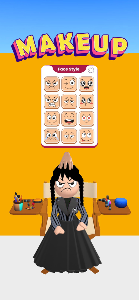 Fashion Famous - Dress Up Game - Una pantalla de personalización de personaje en Fashion Famous que muestra una variedad de expresiones faciales y opciones de maquillaje para un personaje de estilo gótico