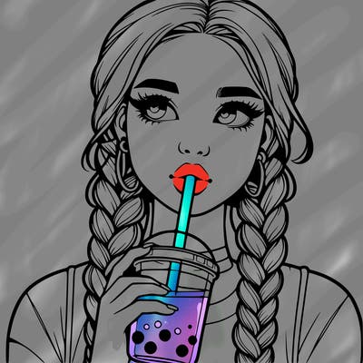realistic girl with braided hair drinking boba