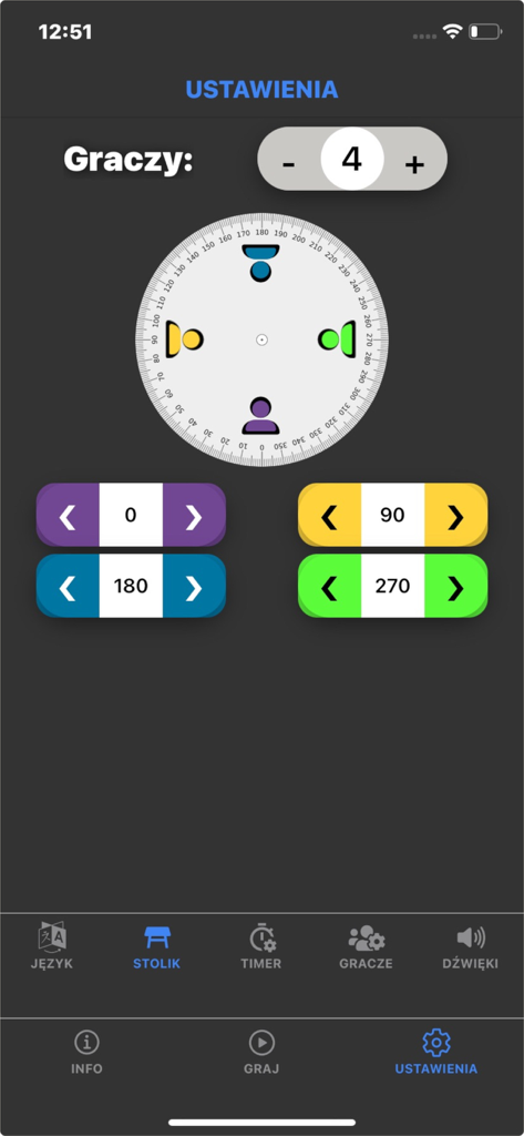 TTL PRO Timer App - Bildschirm zur Einrichtung der Spielerposition und -rotation der TTL PRO Timer App