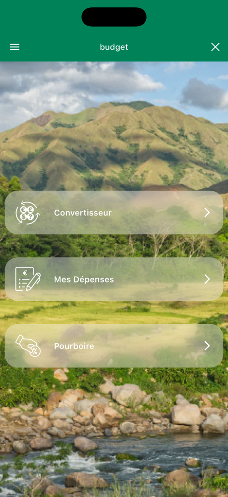 antisèche malagasy - Interface of the budget section in the antiseche malagasy app featuring currency converter and expense tracker