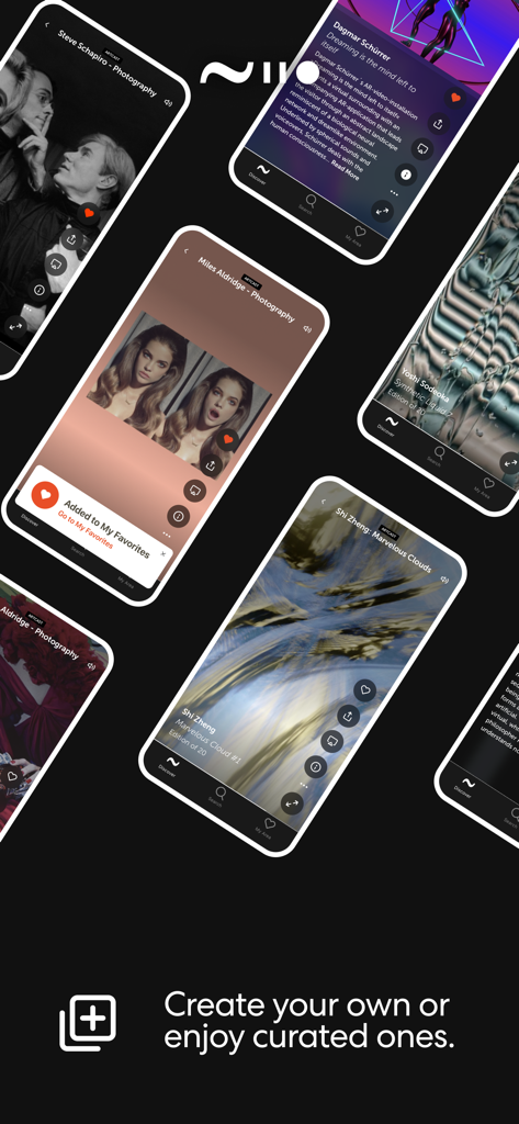 Multiple smartphone screens showcasing diverse digital art and photography collections on the Niio Art app.