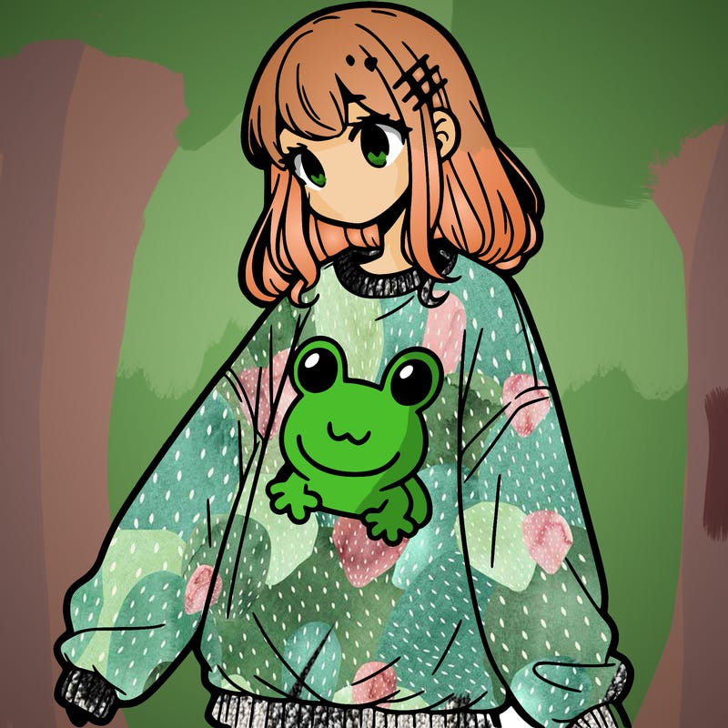girl wearing frogging sweatshirt