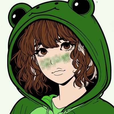 a realistic teenage girl with a messy fringe, in a frog onesie with the hood up