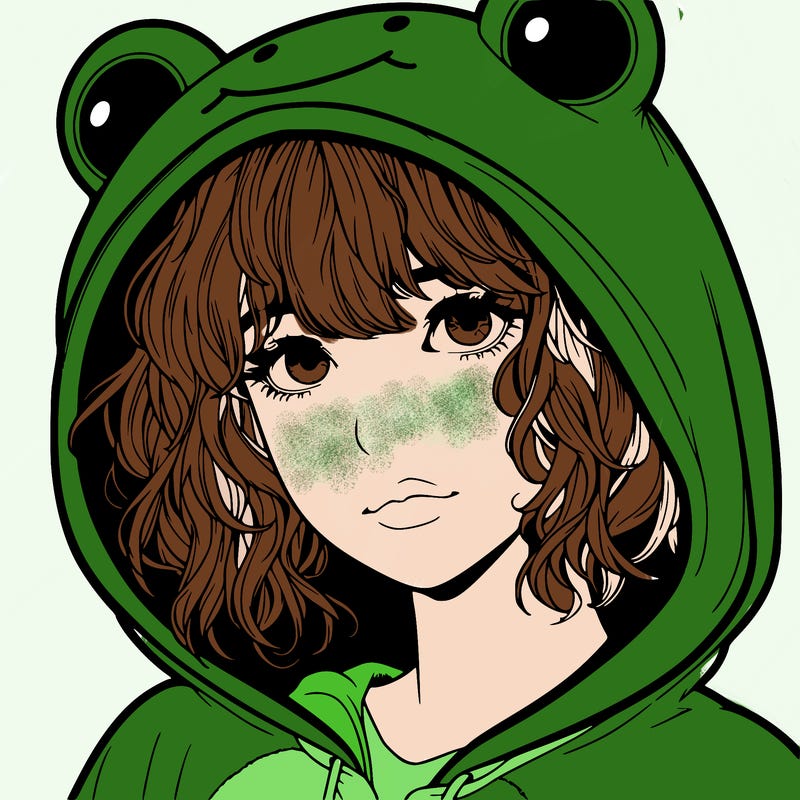 a realistic teenage girl with a messy fringe, in a frog onesie with the hood up