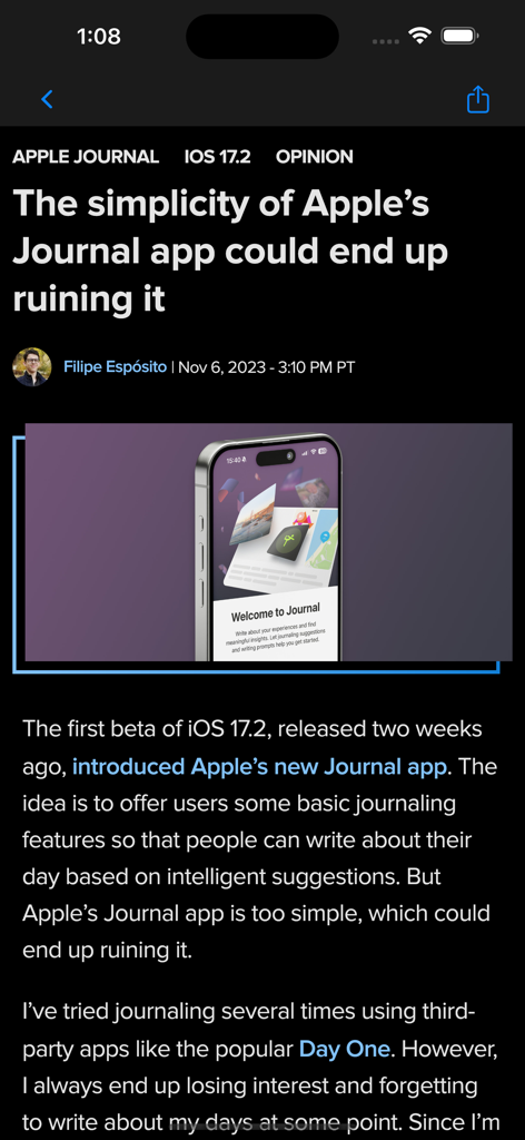 Un artículo en la aplicación 9to5Mac sobre la aplicación Journal de Apple para iOS en modo oscuro.