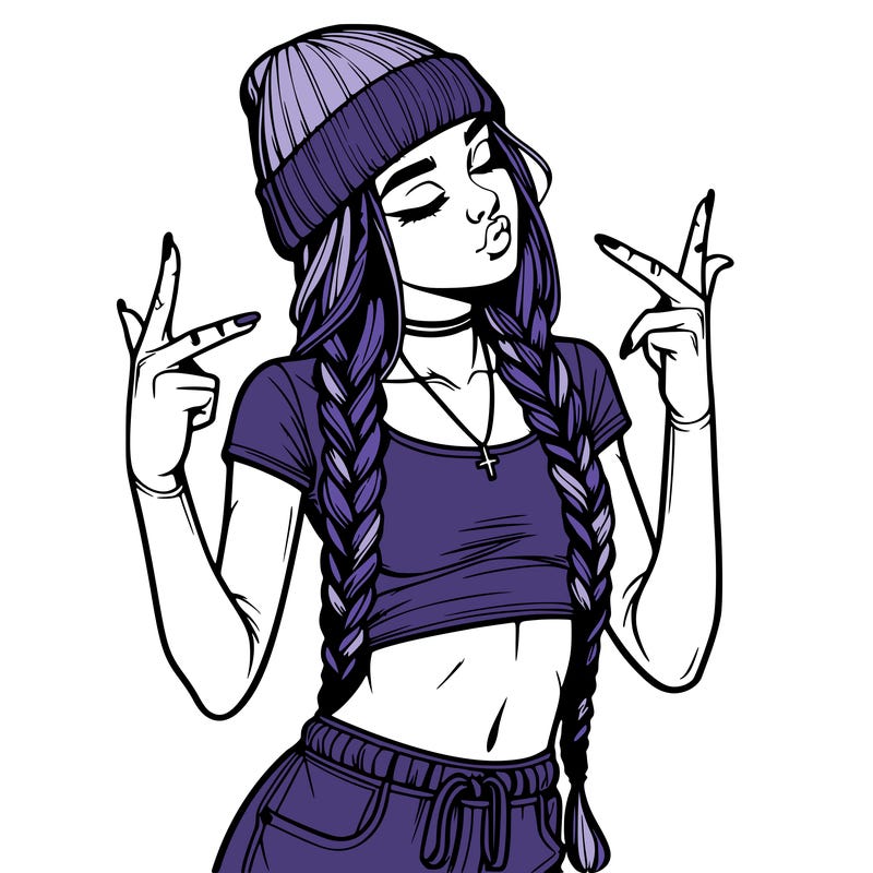 realistic teenage girl with braids and a beanie and crop top doing 🫶🏼