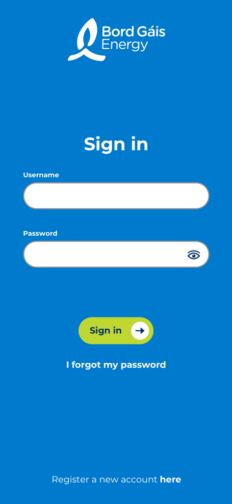 Login screen for the Bord Gais Energy app