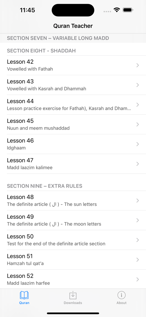 Quran Teacher app interface showing a list of lessons for Tajweed and Arabic rules