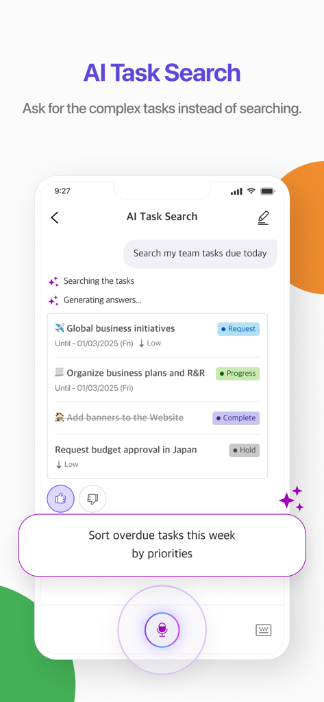Recurso de Busca de Tarefas por IA na interface do aplicativo Flow mostrando uma lista de tarefas de projeto filtradas por consulta em linguagem natural