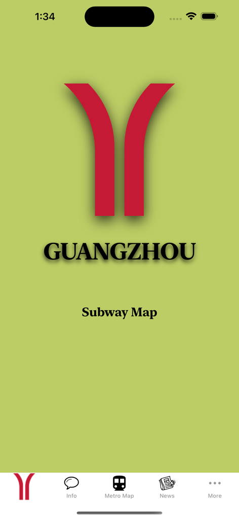Pantalla de bienvenida de la aplicación Guangzhou Subway Map con el logo y el menú de navegación