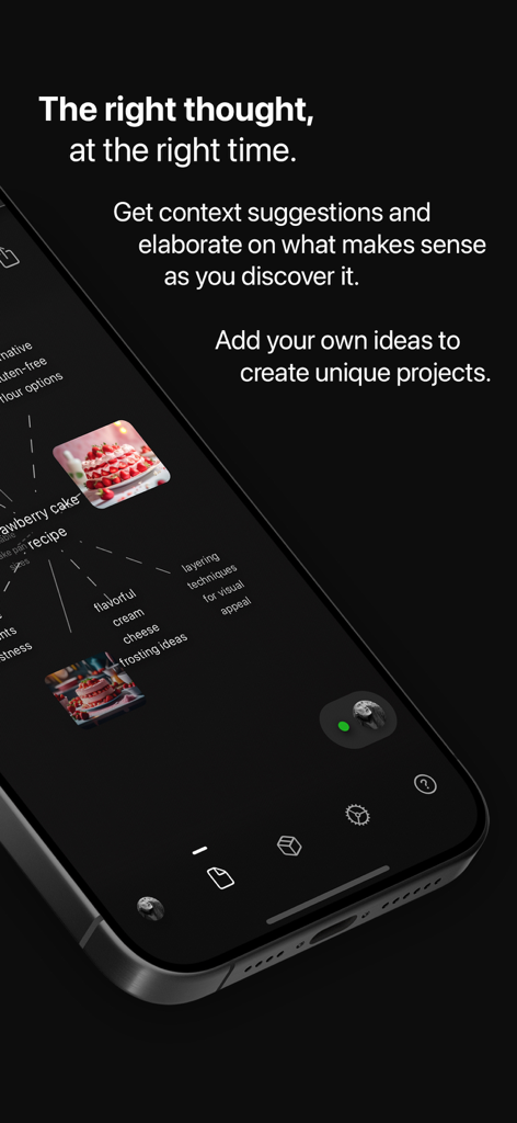 画像とテキストノードを含むケーキレシピのテーマ別クラウドを示す、Brainstormingアプリのモバイルインターフェース。