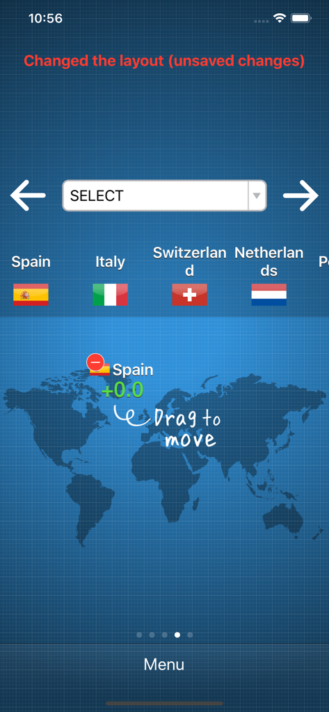 WorldStock - Screen showing customization of the global stock market map layout