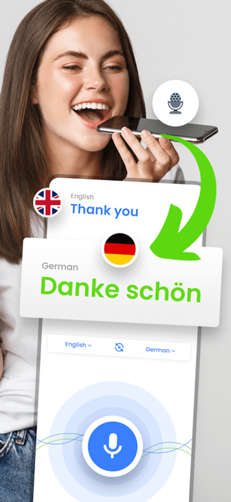 Translate All Language ® - A woman using the app for instant voice translation from English to German